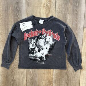 Zara Kids Gray Long Sleeve Graphic Print T-Shirt Size 7 Rockstar Cats Cotton NWT